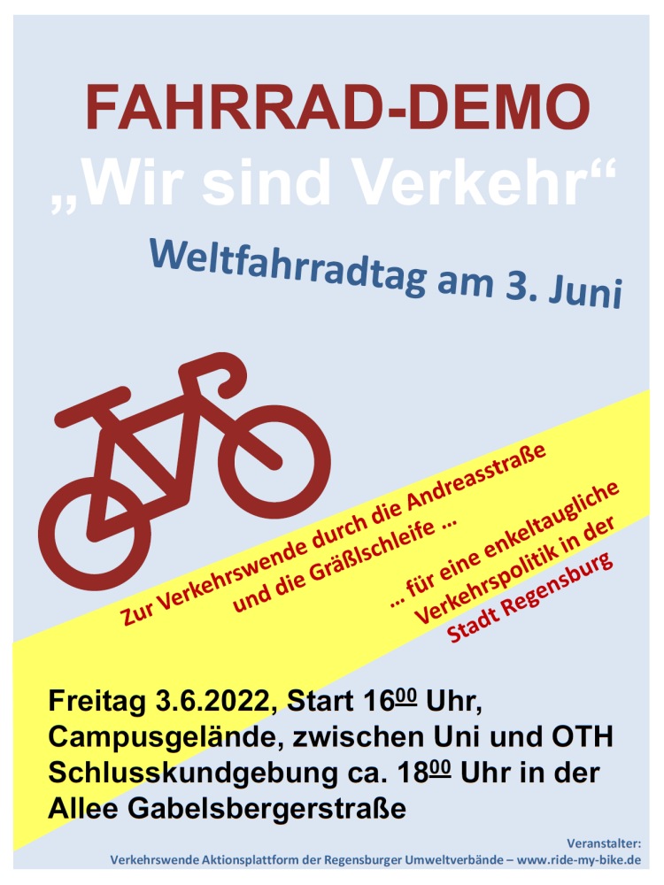 Fahrrad-Demo 3.6.2022 16:00 Uhr Campus zwischen Uni und OTH